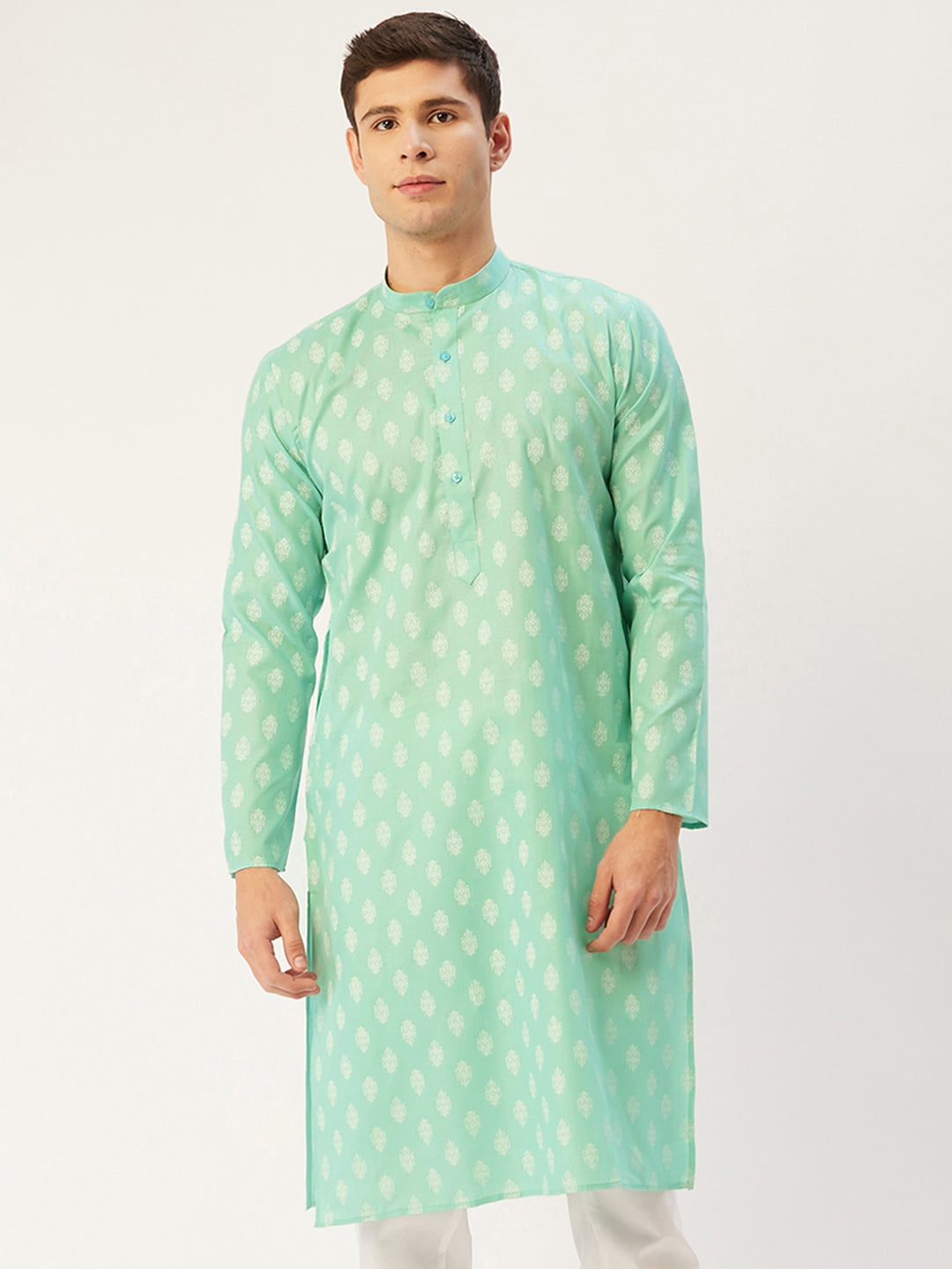 Jompers Men's Green Cotton Floral printed kurta Only 