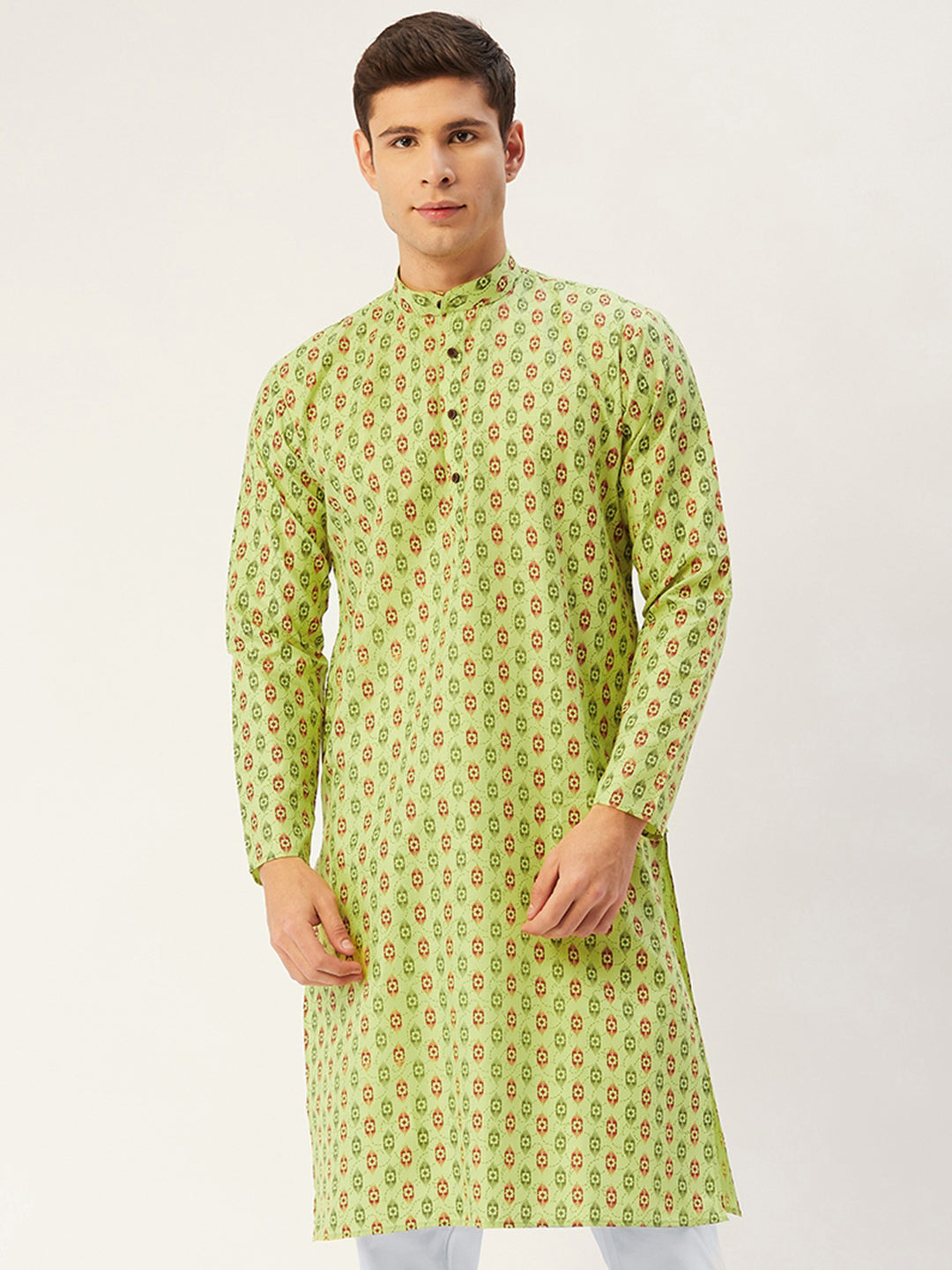 Jompers Men's Green Cotton Ikat printed kurta Only 