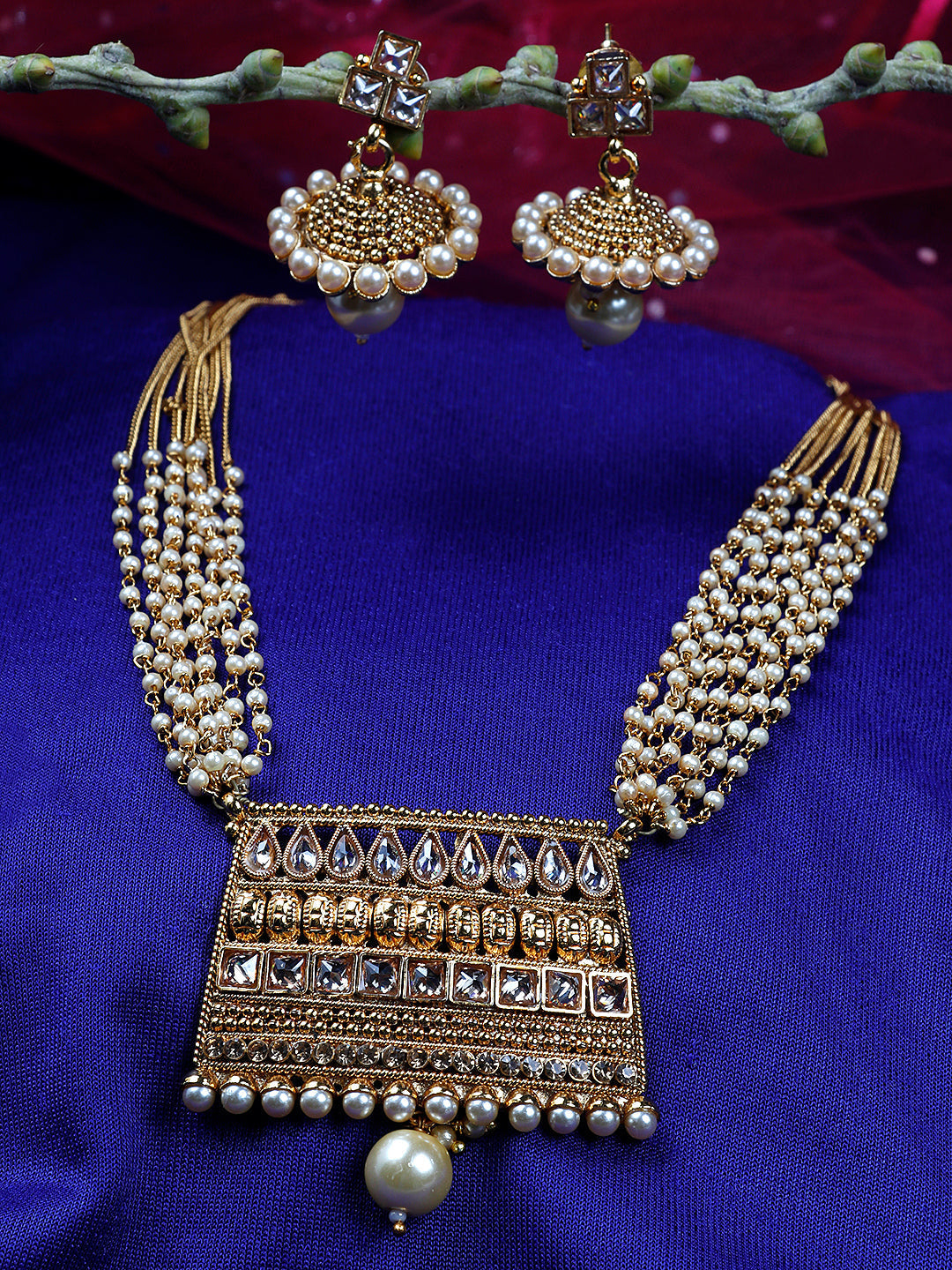 Priyaasi Women Kundan Beads Pearls Gold Plated Jewellery Set - Grab2buy