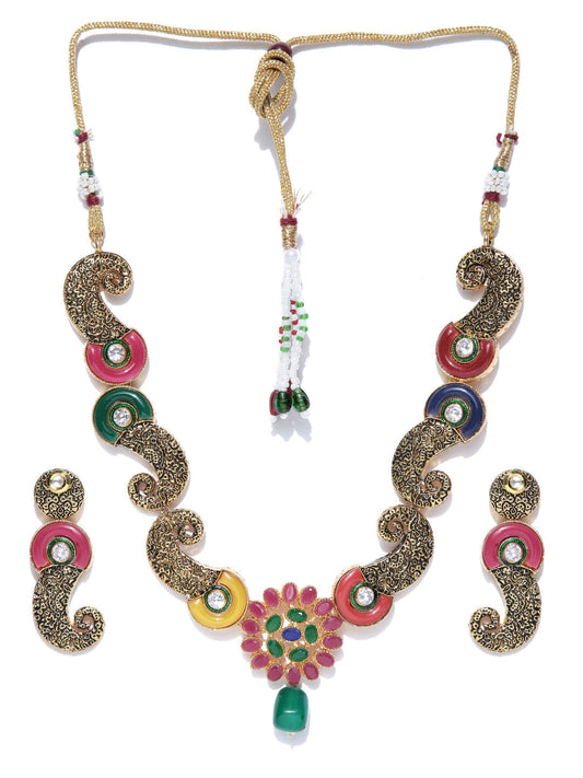 Priyaasi Women Multi-Color Kundan Ruby Emerald Gold Plated Jewellery Set - Grab2buy
