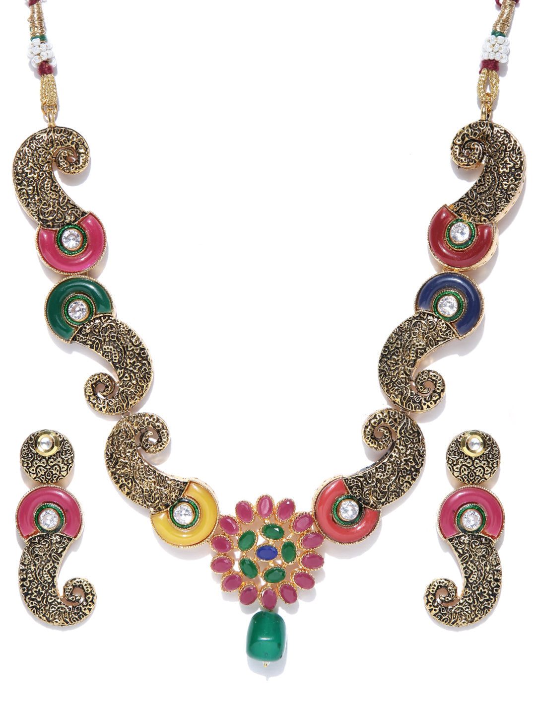 Priyaasi Women Multi-Color Kundan Ruby Emerald Gold Plated Jewellery Set - Grab2buy
