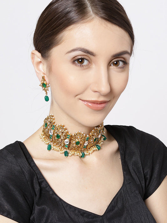 Priyaasi Women Emerald Beads Kundan Gold Plated Floral Jewellery Set - Grab2buy