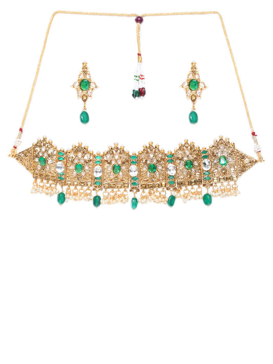 Priyaasi Women Emerald Beads Kundan Gold Plated Floral Jewellery Set - Grab2buy