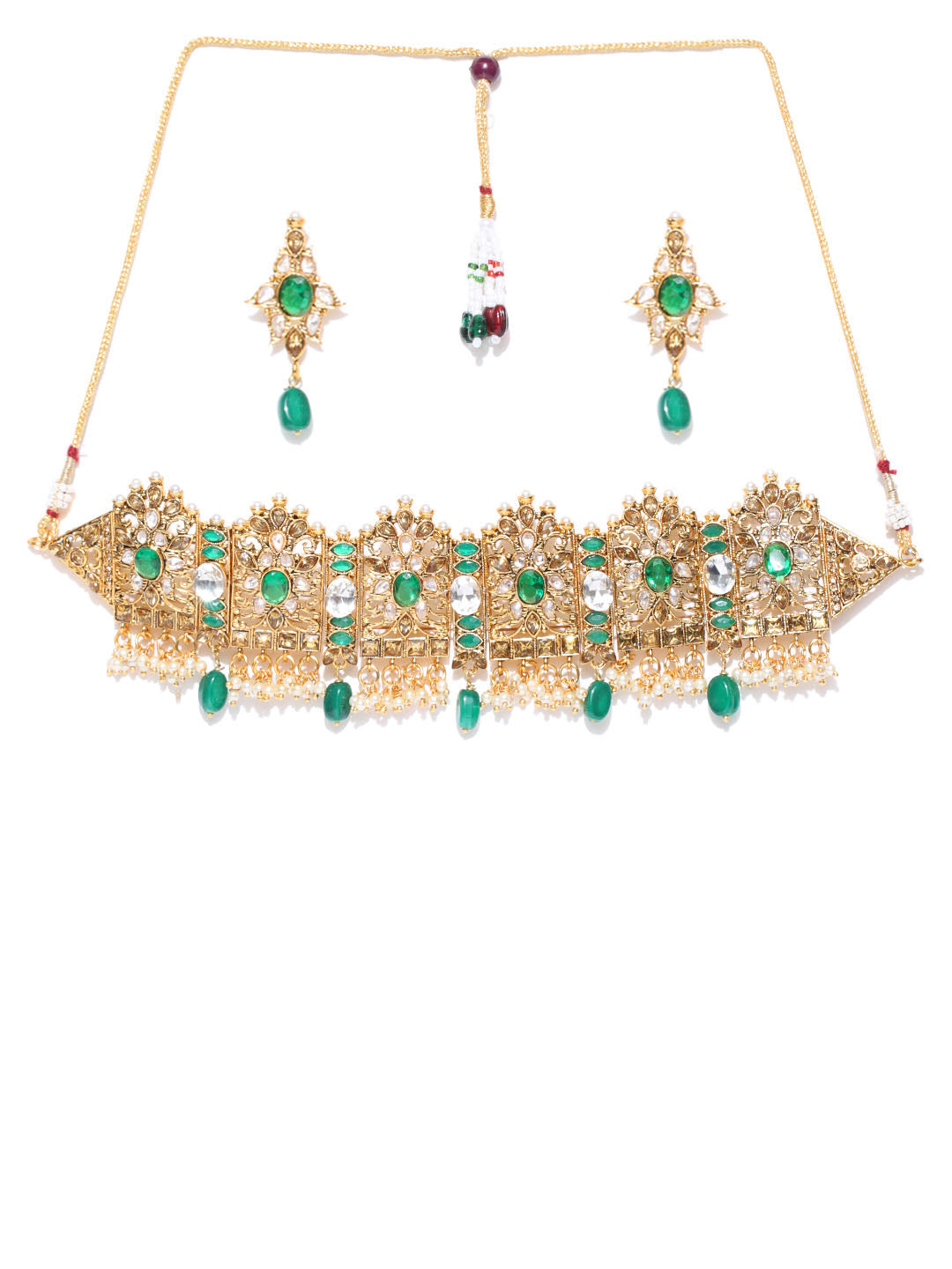 Priyaasi Women Emerald Beads Kundan Gold Plated Floral Jewellery Set - Grab2buy