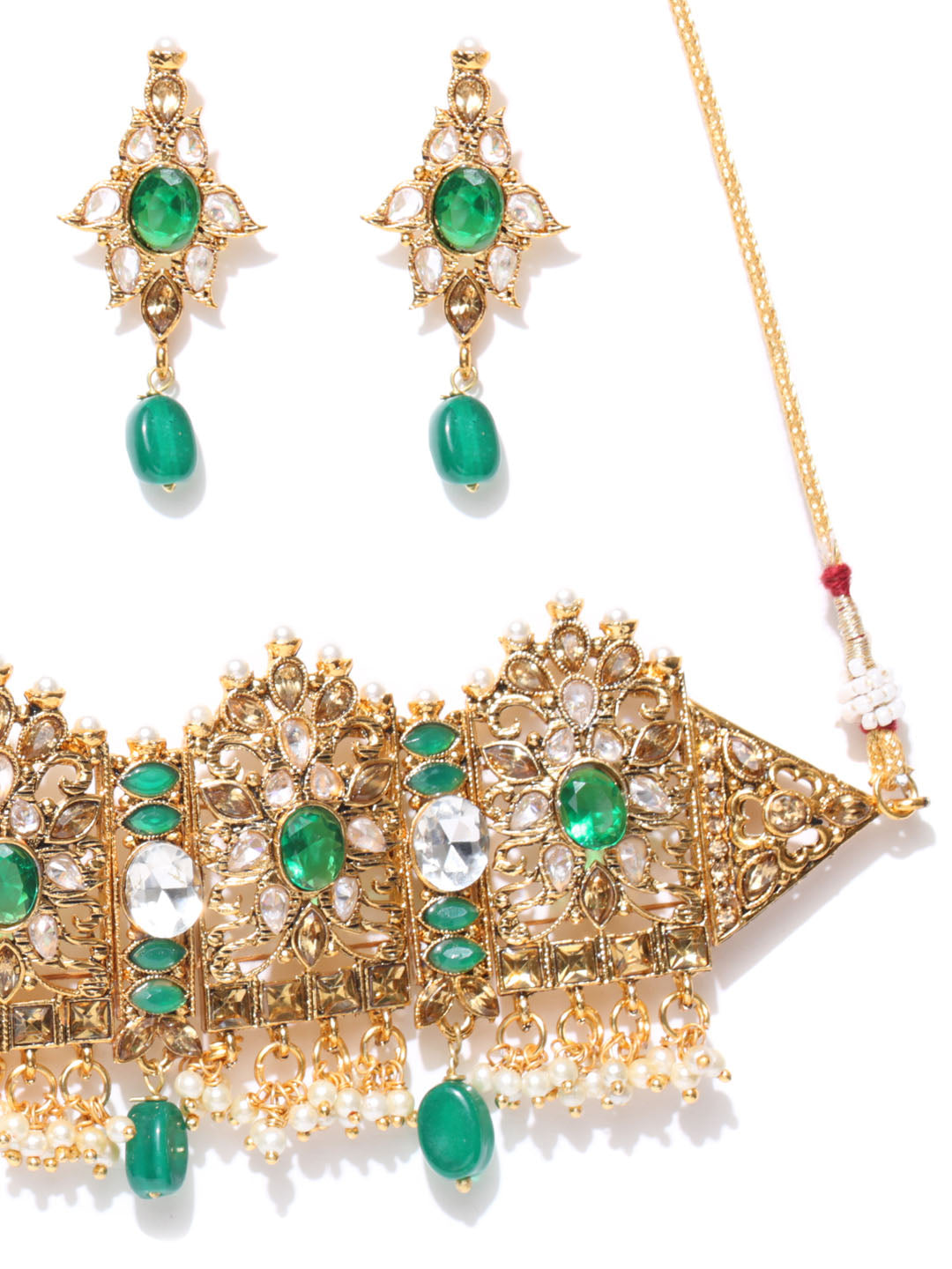 Priyaasi Women Emerald Beads Kundan Gold Plated Floral Jewellery Set - Grab2buy