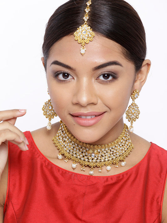 Priyaasi Women White Beads Pearls Kundan Gold Plated MaangTika Jewellery Set - Grab2buy