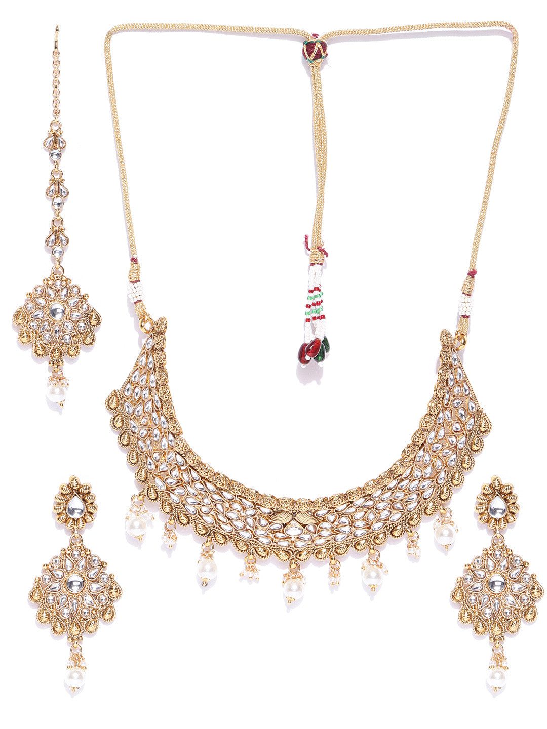 Priyaasi Women White Beads Pearls Kundan Gold Plated MaangTika Jewellery Set - Grab2buy