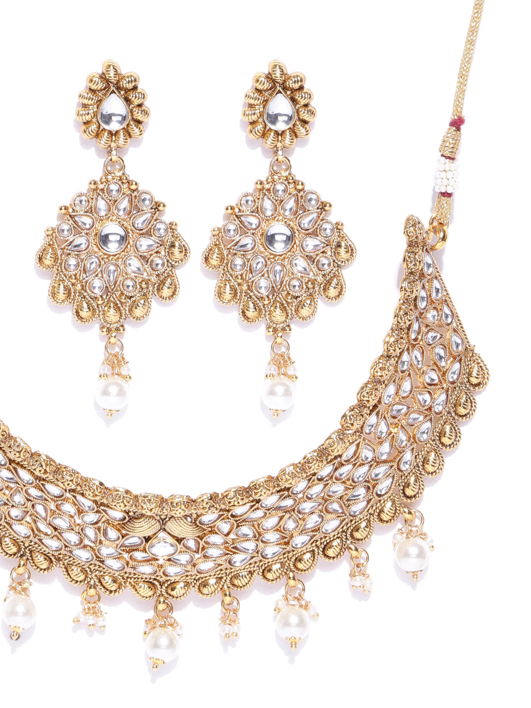 Priyaasi Women White Beads Pearls Kundan Gold Plated MaangTika Jewellery Set - Grab2buy