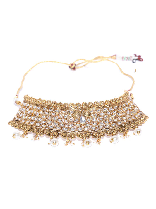 Priyaasi Women White Beads Pearls Kundan Gold Plated MaangTika Jewellery Set - Grab2buy