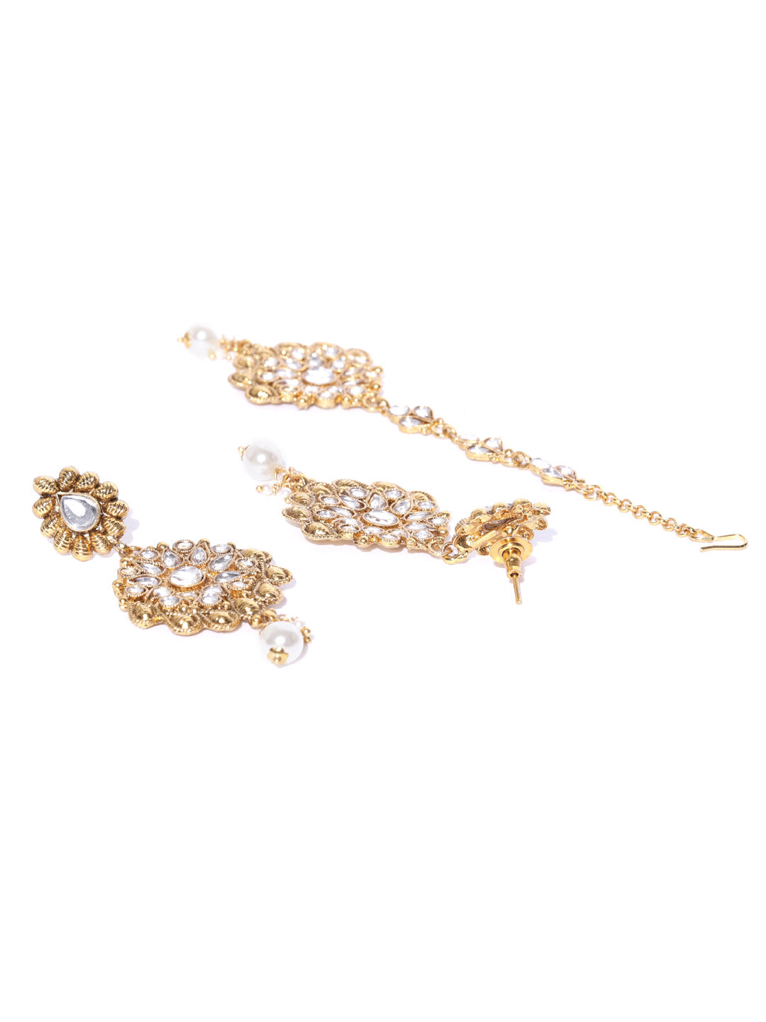 Priyaasi Women White Beads Pearls Kundan Gold Plated MaangTika Jewellery Set - Grab2buy