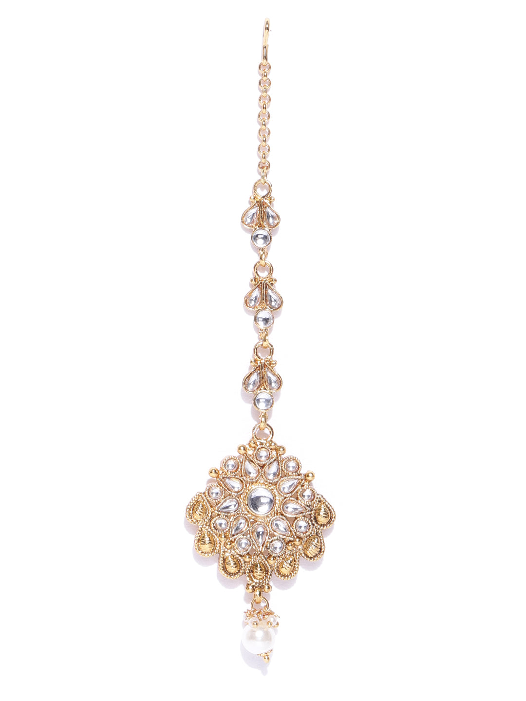 Priyaasi Women White Beads Pearls Kundan Gold Plated MaangTika Jewellery Set - Grab2buy