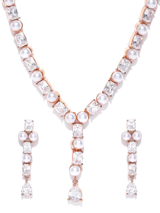 Priyaasi Women American Diamond Pearls Rose Gold Plated Jewellery Set - Grab2buy