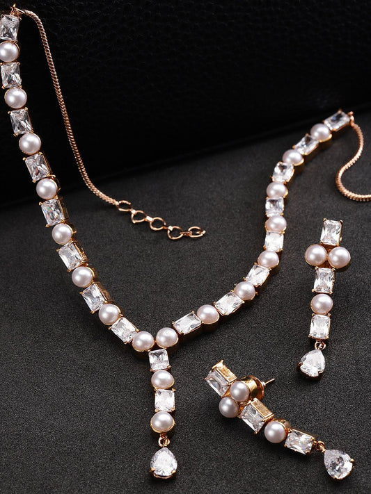 Priyaasi Women American Diamond Pearls Rose Gold Plated Jewellery Set - Grab2buy