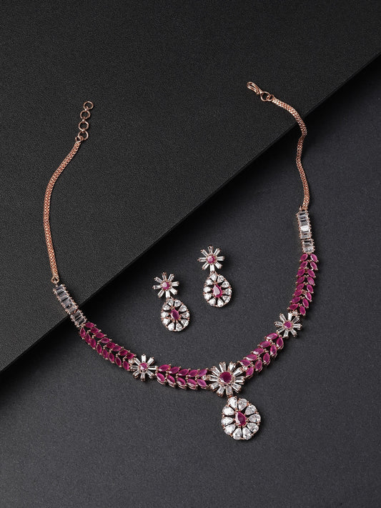 Priyaasi Women Pink Ruby American Diamond Rose Gold Plated Jewellery Set - Grab2buy