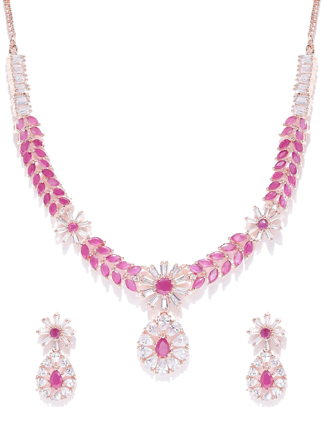 Priyaasi Women Pink Ruby American Diamond Rose Gold Plated Jewellery Set - Grab2buy