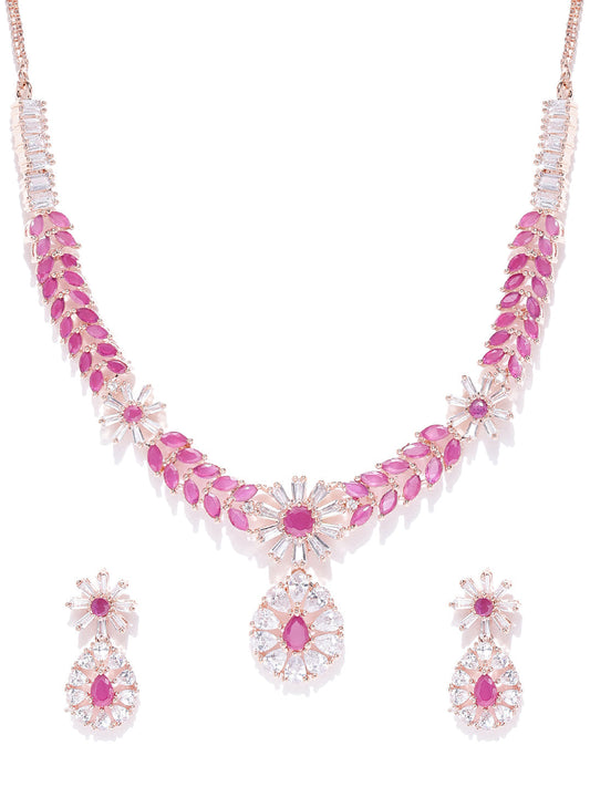Priyaasi Women Pink Ruby American Diamond Rose Gold Plated Jewellery Set - Grab2buy
