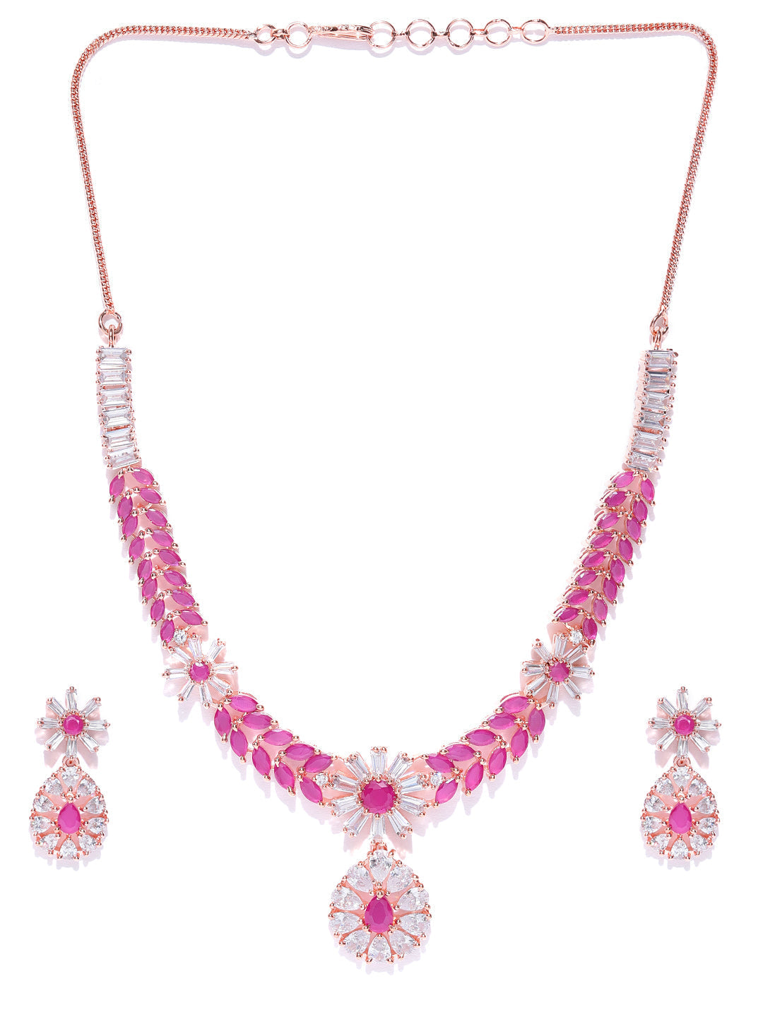 Priyaasi Women Pink Ruby American Diamond Rose Gold Plated Jewellery Set - Grab2buy