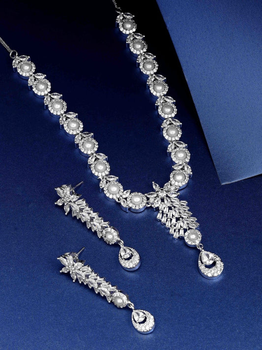 Priyaasi Women American Diamond Pearls Silver Plated Jewellery Set - Grab2buy