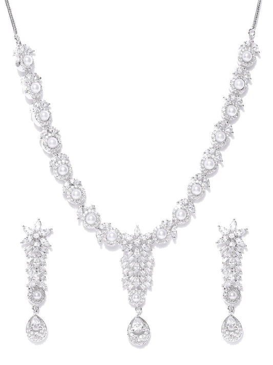 Priyaasi Women American Diamond Pearls Silver Plated Jewellery Set - Grab2buy