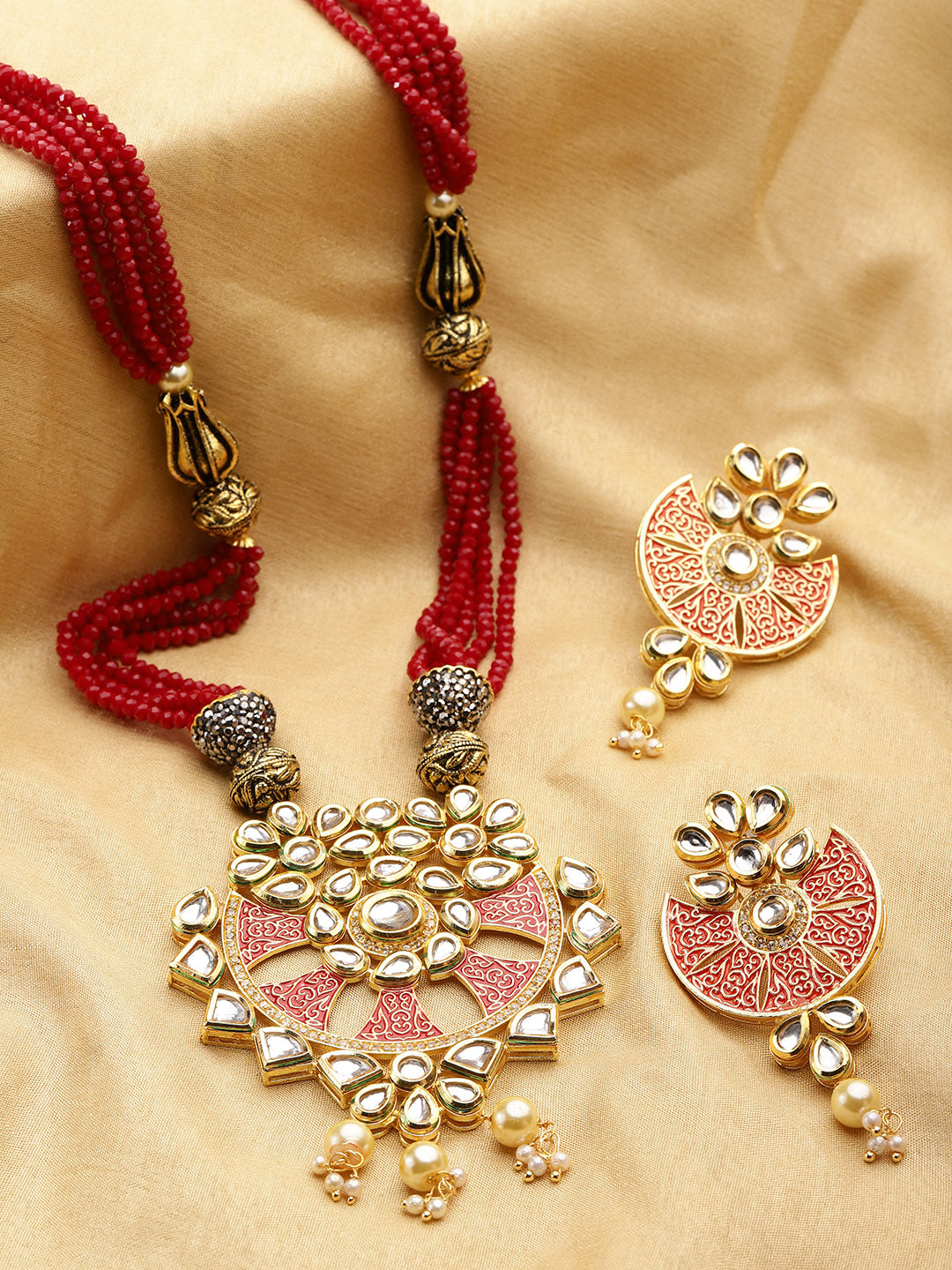 Priyaasi Women Red Beads Kundan Pearls Gold Plated Jewellery Set - Grab2buy