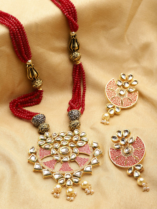 Priyaasi Women Red Beads Kundan Pearls Gold Plated Jewellery Set - Grab2buy