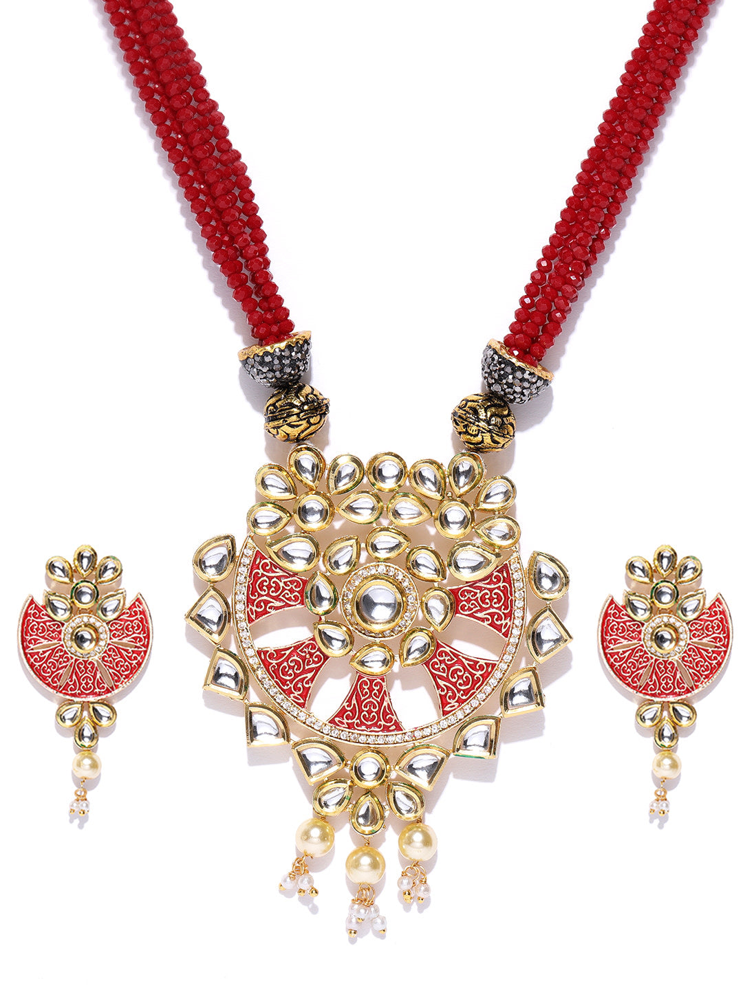 Priyaasi Women Red Beads Kundan Pearls Gold Plated Jewellery Set - Grab2buy