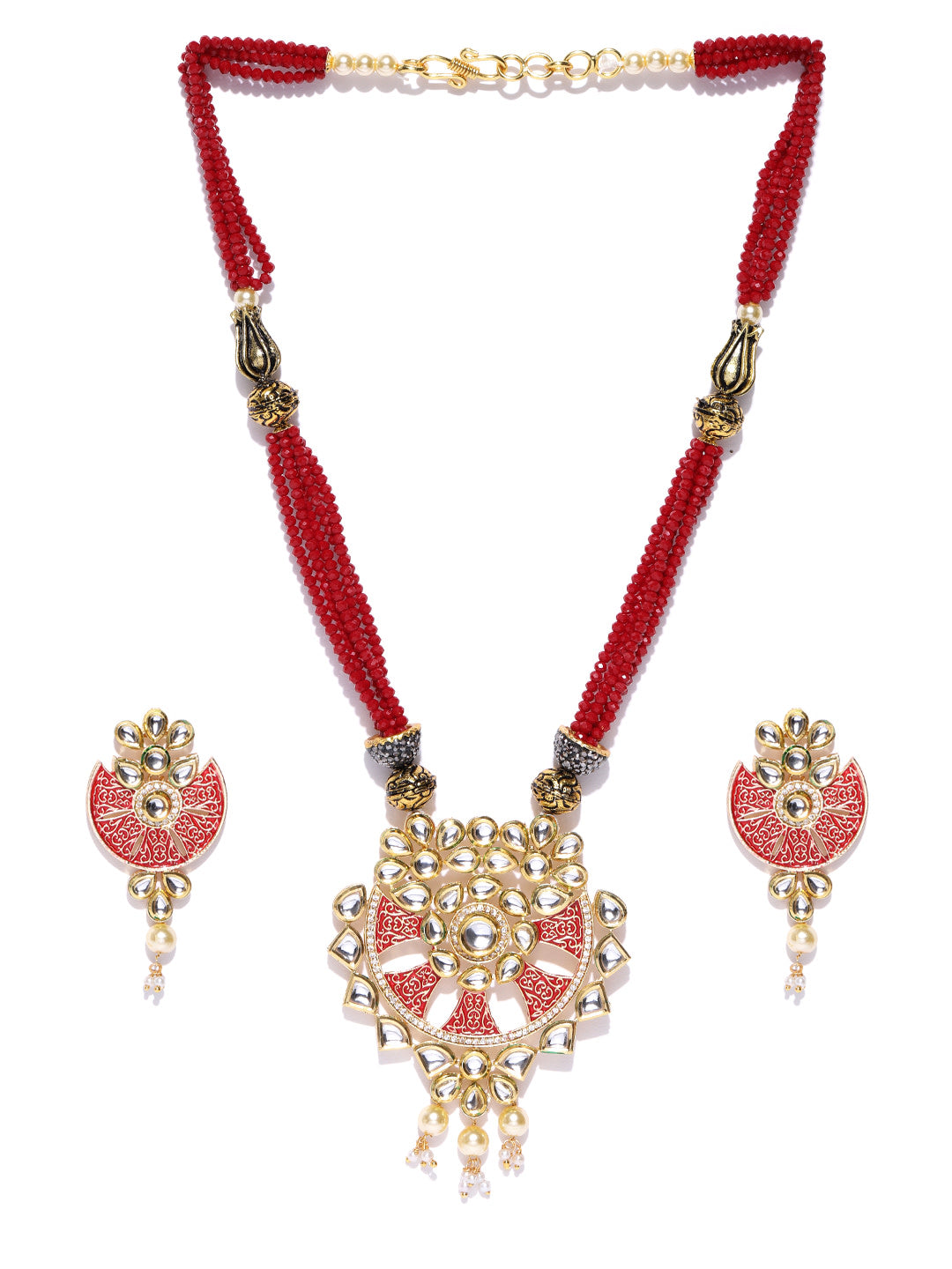 Priyaasi Women Red Beads Kundan Pearls Gold Plated Jewellery Set - Grab2buy