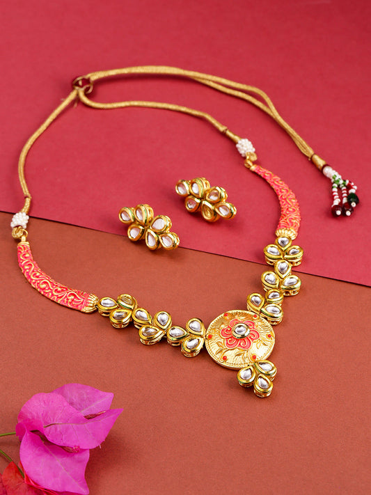 Priyaasi Women Peach Kundan Gold plated Meenakari Jewellery Set - Grab2buy