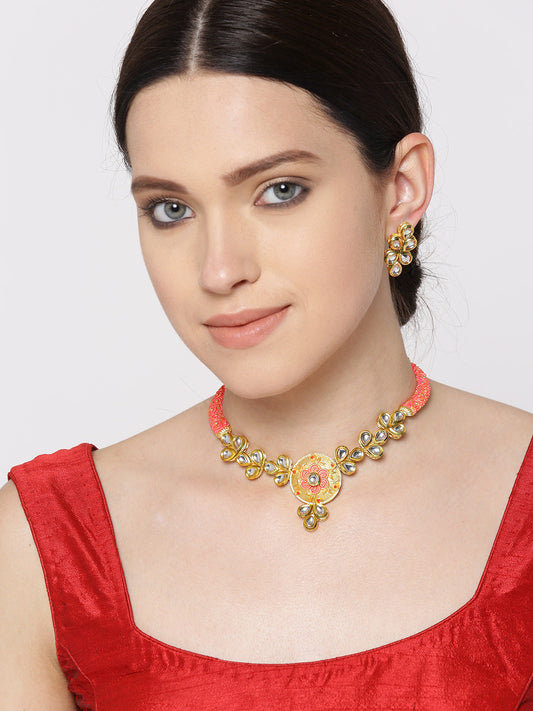 Priyaasi Women Peach Kundan Gold plated Meenakari Jewellery Set - Grab2buy