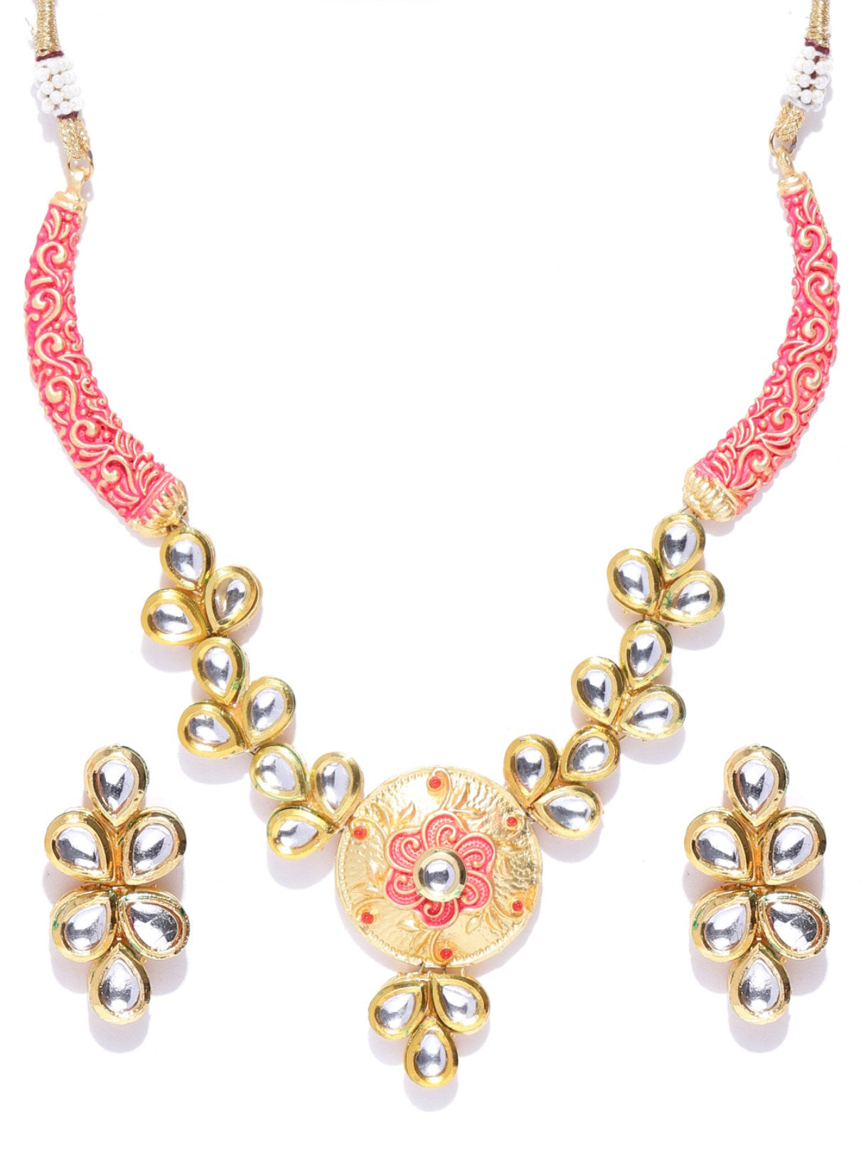 Priyaasi Women Peach Kundan Gold plated Meenakari Jewellery Set - Grab2buy