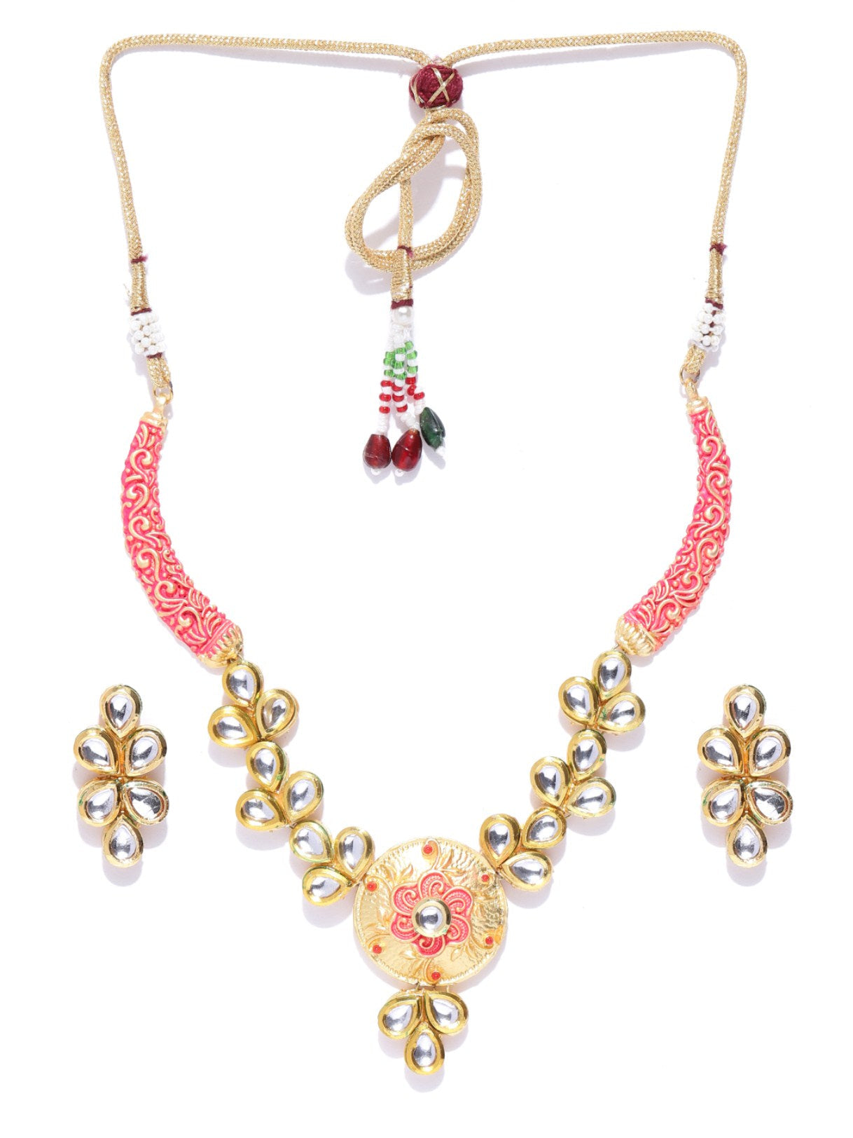 Priyaasi Women Peach Kundan Gold plated Meenakari Jewellery Set - Grab2buy