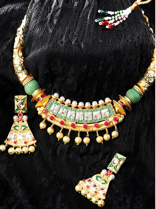 Priyaasi Women Ruby Pearls Stones Gold Plated Meenakari Jewellery Set - Grab2buy
