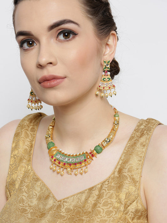 Priyaasi Women Ruby Pearls Stones Gold Plated Meenakari Jewellery Set - Grab2buy