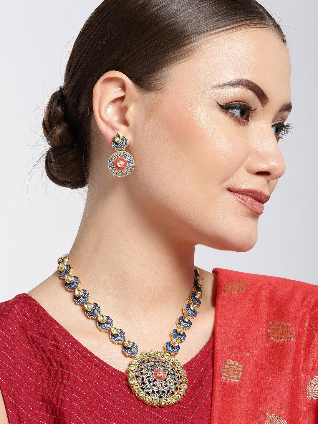 Priyaasi Women Blue Red Kundan Gold Plated Meenakari Jewellery Set - Grab2buy