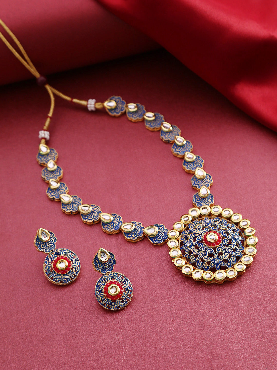Priyaasi Women Blue Red Kundan Gold Plated Meenakari Jewellery Set - Grab2buy