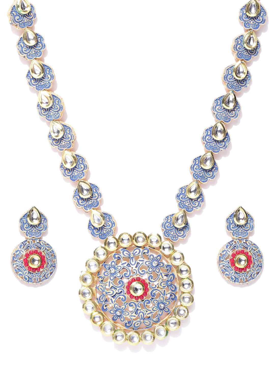 Priyaasi Women Blue Red Kundan Gold Plated Meenakari Jewellery Set - Grab2buy