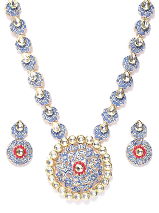 Priyaasi Women Blue Red Kundan Gold Plated Meenakari Jewellery Set - Grab2buy