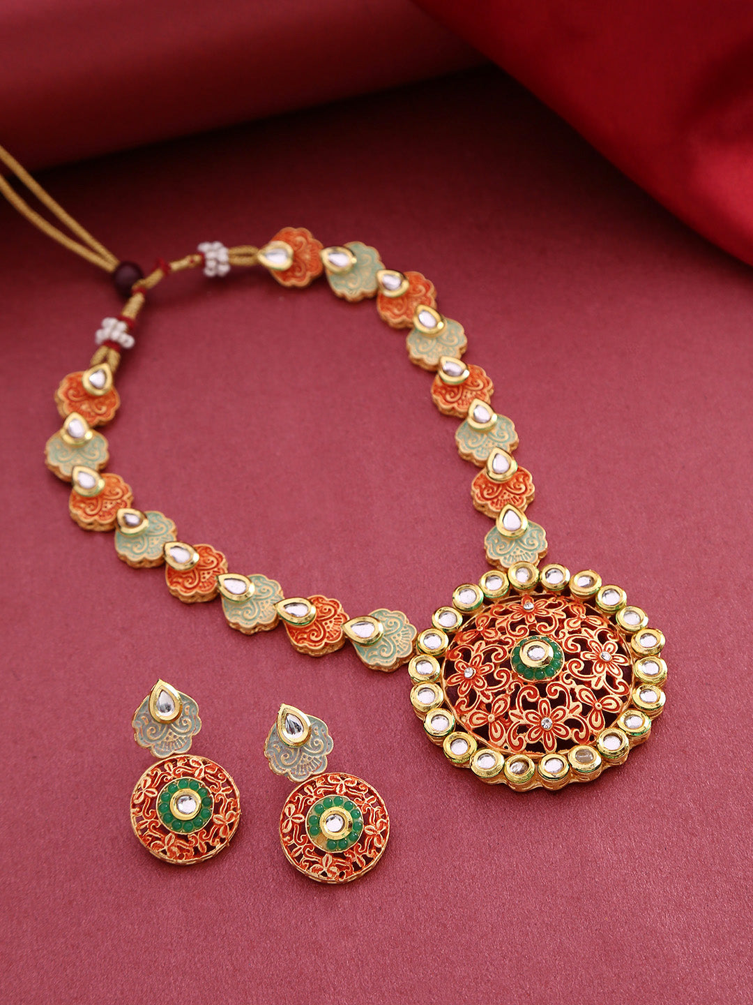 Priyaasi Women Orange Green Kundan Gold Plated Meenakari Jewellery Set - Grab2buy