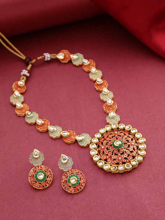 Priyaasi Women Orange Green Kundan Gold Plated Meenakari Jewellery Set - Grab2buy