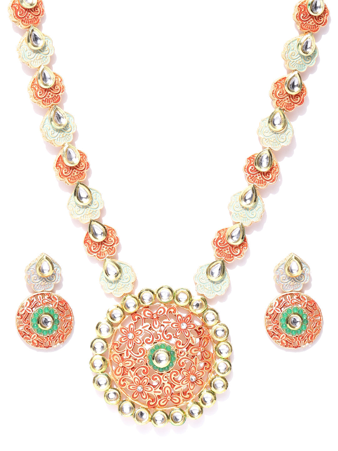 Priyaasi Women Orange Green Kundan Gold Plated Meenakari Jewellery Set - Grab2buy