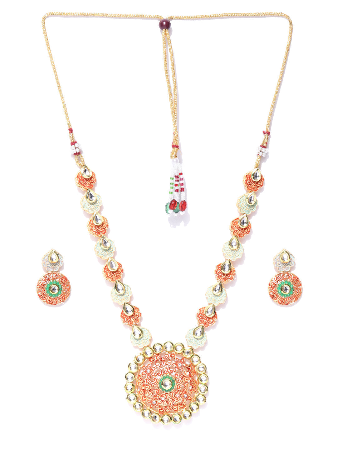 Priyaasi Women Orange Green Kundan Gold Plated Meenakari Jewellery Set - Grab2buy