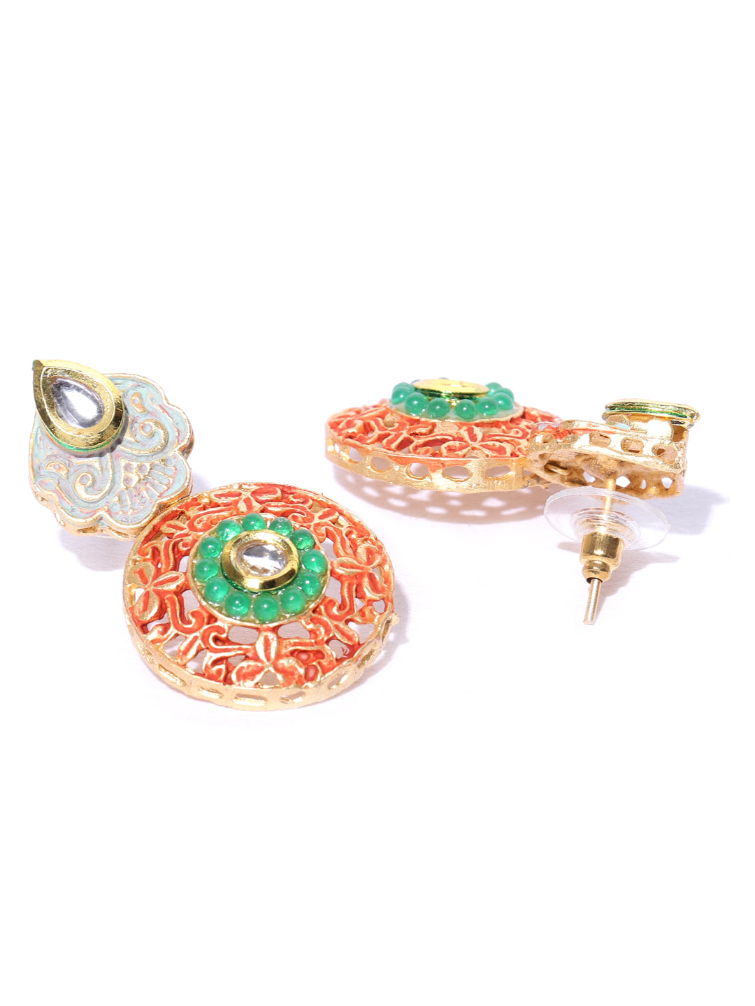 Priyaasi Women Orange Green Kundan Gold Plated Meenakari Jewellery Set - Grab2buy