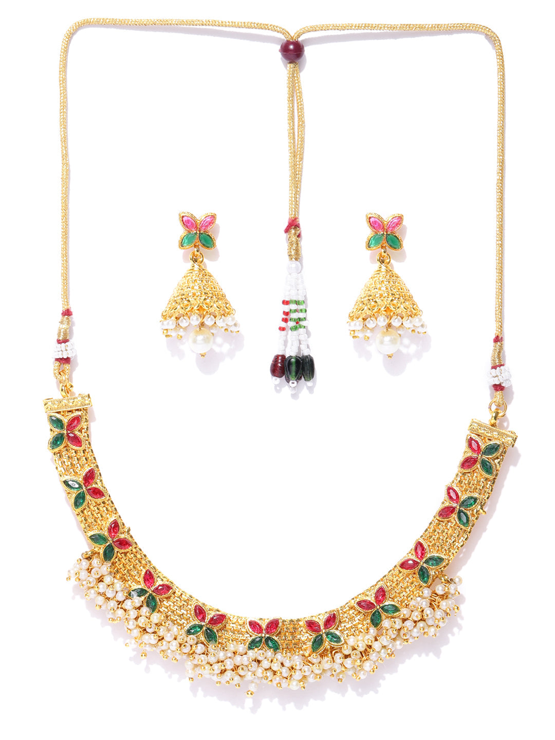 Priyaasi Women White Beads Ruby Emerlad Gold Plated Jewellery Set - Grab2buy