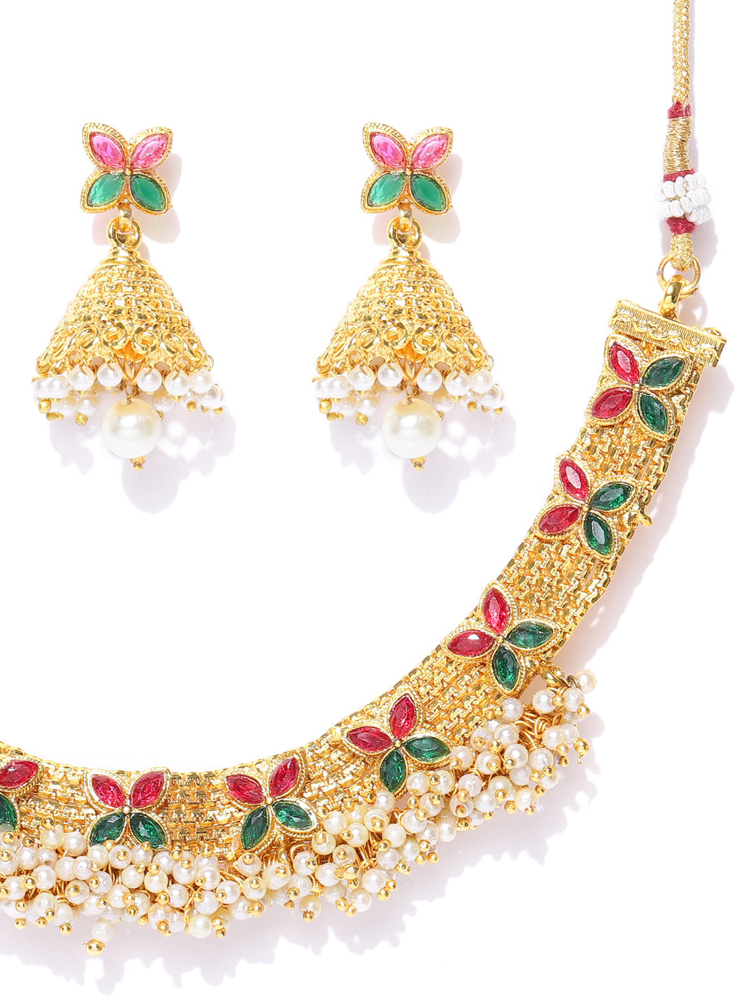 Priyaasi Women White Beads Ruby Emerlad Gold Plated Jewellery Set - Grab2buy