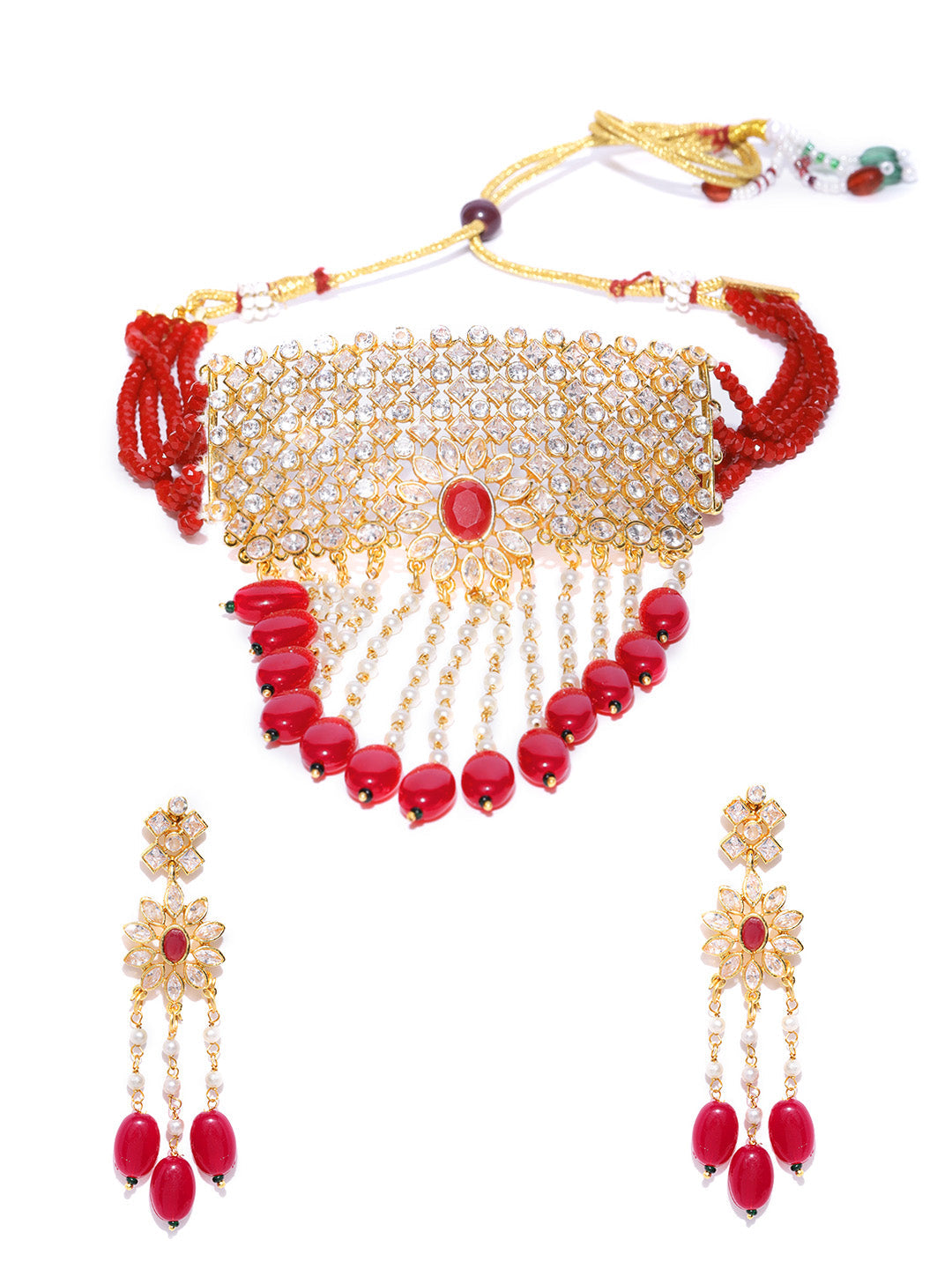Priyaasi Women Red Beads Ruby Kundan Cubic Zirconia Gold Plated Jewellery Set - Grab2buy