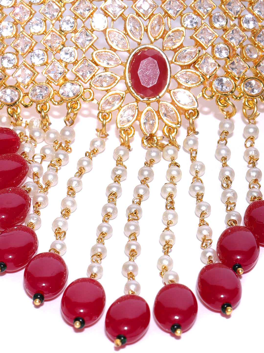 Priyaasi Women Red Beads Ruby Kundan Cubic Zirconia Gold Plated Jewellery Set - Grab2buy