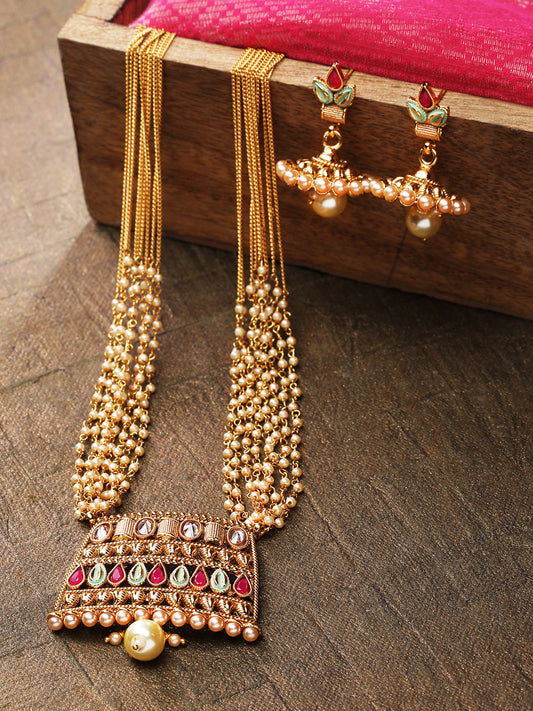 Priyaasi Women White Beads Kundan Ruby Gold Plated Multistrand Jewellery Set - Grab2buy