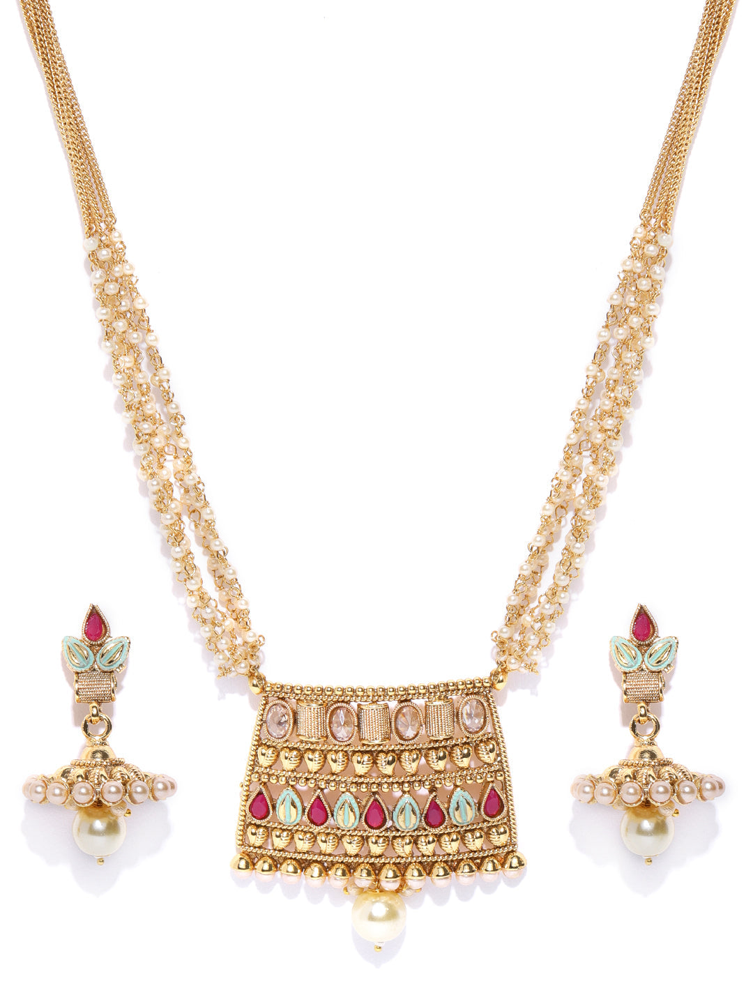 Priyaasi Women White Beads Kundan Ruby Gold Plated Multistrand Jewellery Set - Grab2buy