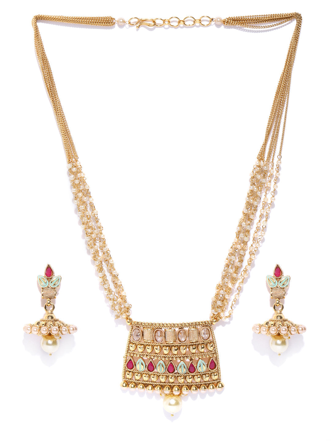 Priyaasi Women White Beads Kundan Ruby Gold Plated Multistrand Jewellery Set - Grab2buy