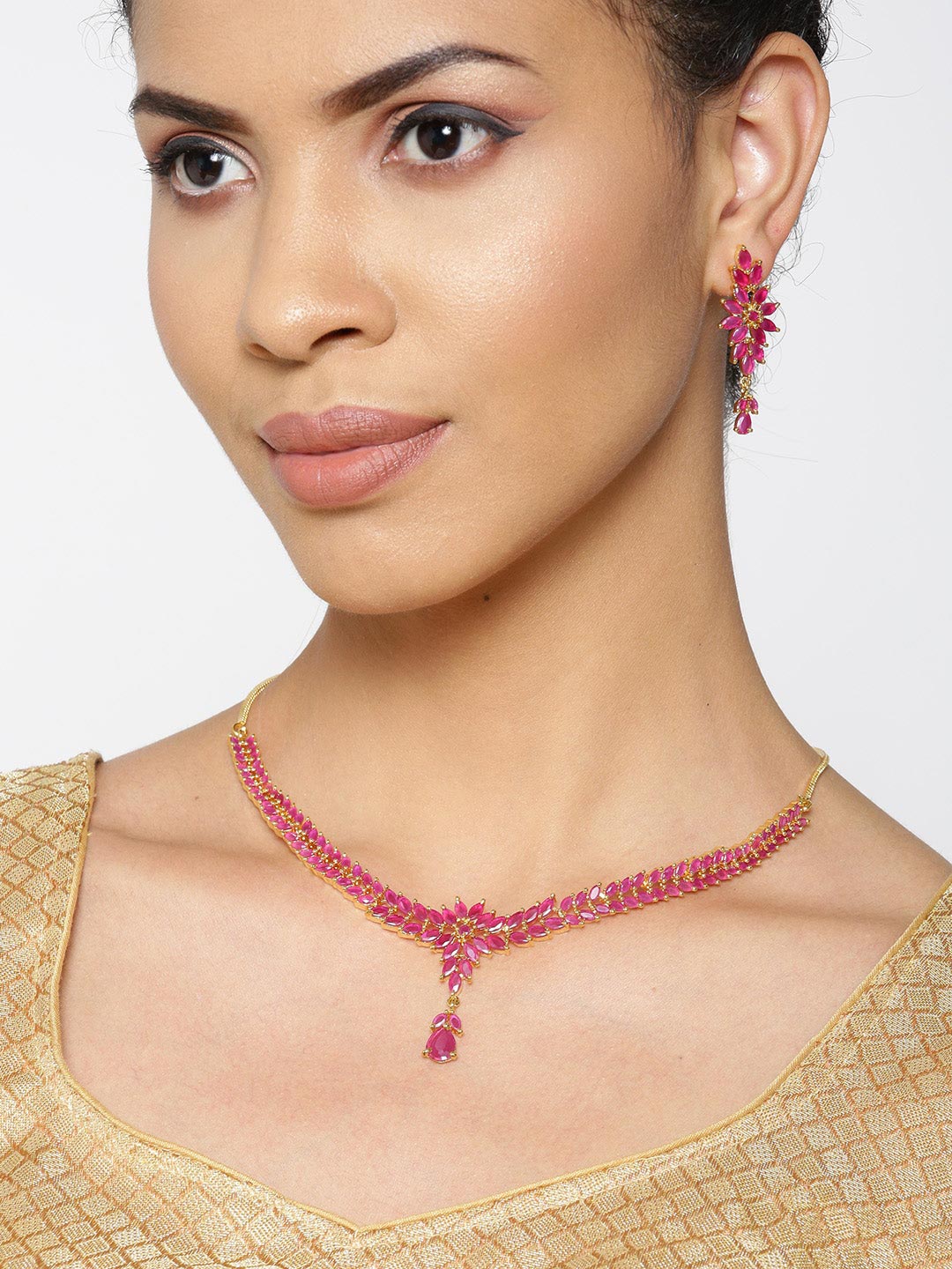 Priyaasi Women Pink Ruby Gold Plated Floral Jewellery Set - Grab2buy